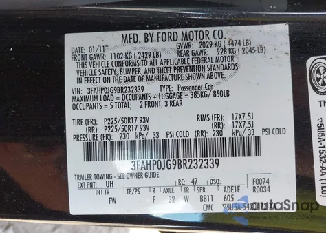 2011 Ford Fusion Sel z USA, uszkodzony, nr VIN 3FAHP0JG9BR232339